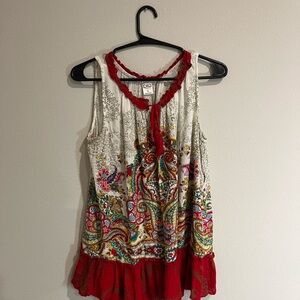 Bila Red and White Sleeveless Ruffled Blouse